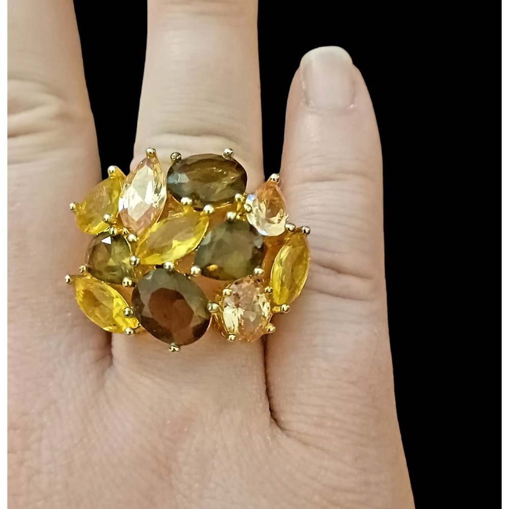 925 Sterling Silver Gold Vermeil Large Multi Color Crystal Cocktail Ring 7.75